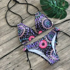 Two Piece Bikini Push Up Geometric Print Lace-up Thong Biikini Swim - Femstylo