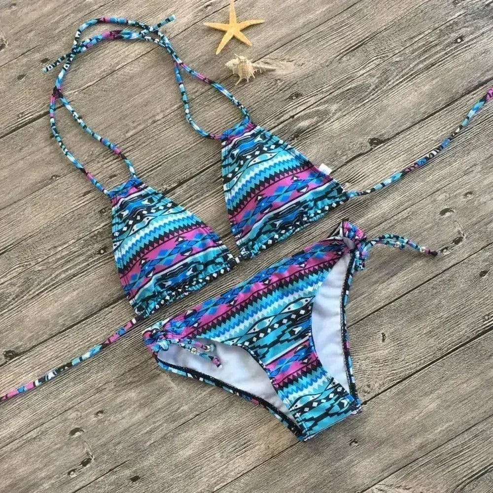 Two Piece Bikini Push Up Geometric Print Lace-up Thong Biikini Swim - Femstylo