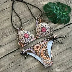 Two Piece Bikini Push Up Geometric Print Lace-up Thong Biikini Swim - Femstylo