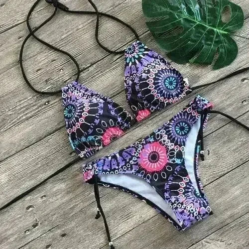 Two Piece Bikini Push Up Geometric Print Lace-up Thong Biikini Swim - Femstylo