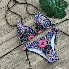 Two Piece Bikini Push Up Geometric Print Lace-up Thong Biikini Swim - Femstylo