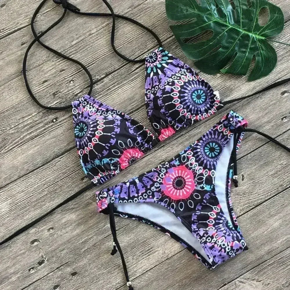 Two Piece Bikini Push Up Geometric Print Lace-up Thong Biikini Swim - Femstylo