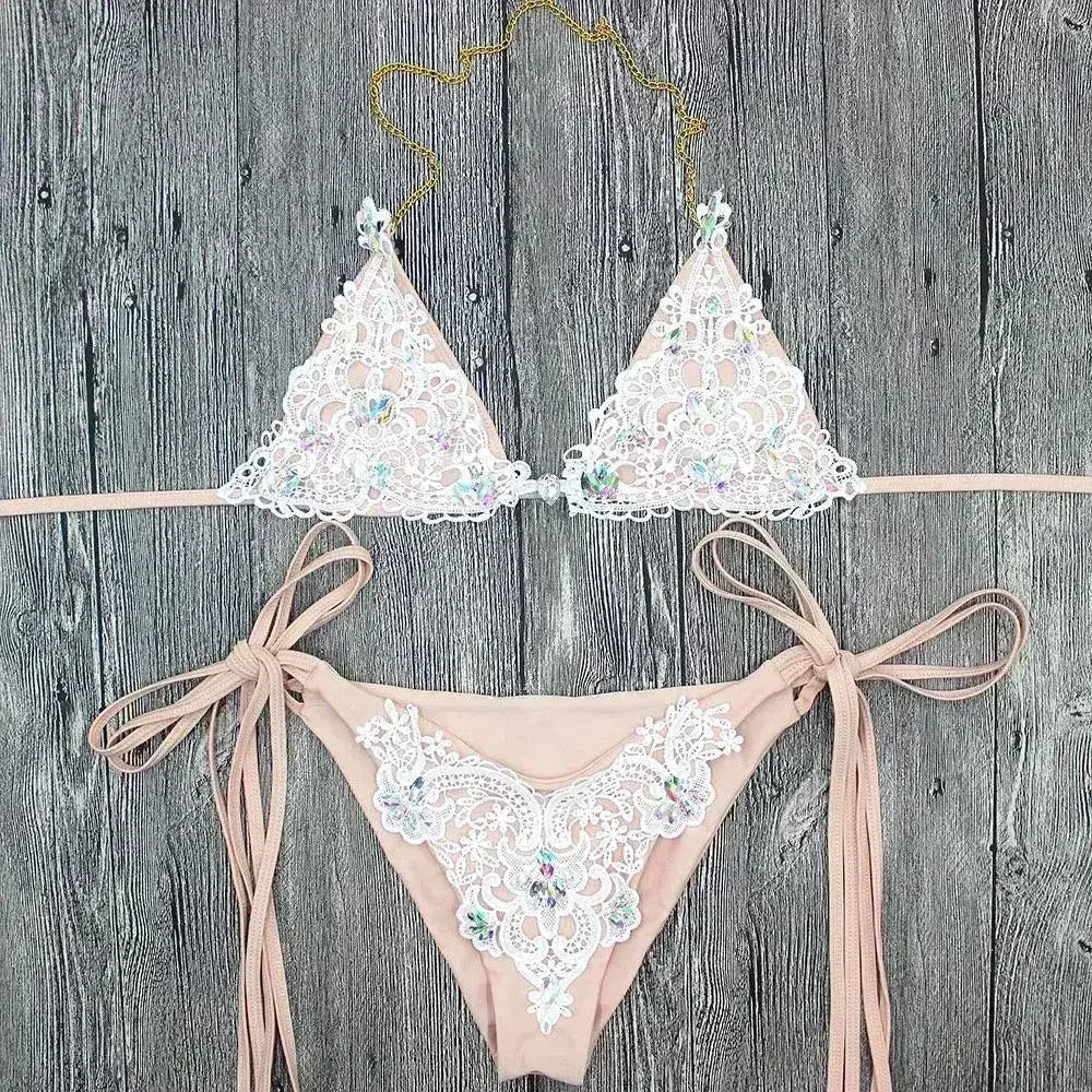 Jeweled Bikini Crochet Jewelry Bikini Set two pieces Swimsuit Crystal - Femstylo