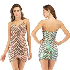 Sequin dress stretch sequin skirt open back beaded spaghetti strap - Femstylo