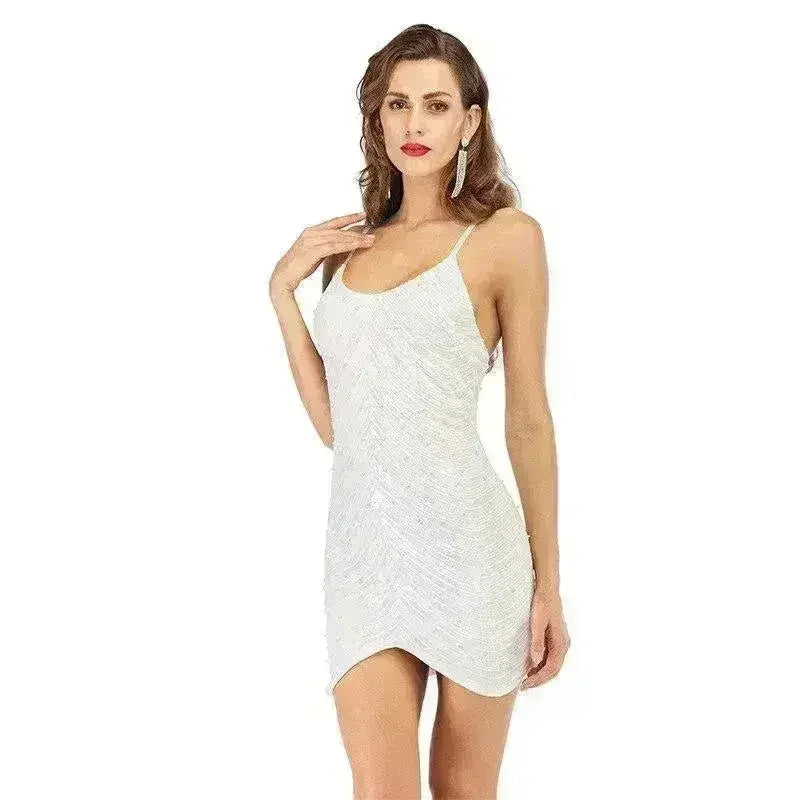 Sequin dress stretch sequin skirt open back beaded spaghetti strap - Femstylo