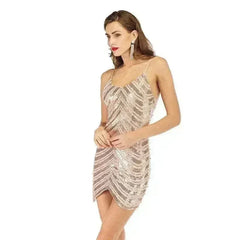 Sequin dress stretch sequin skirt open back beaded spaghetti strap - Femstylo