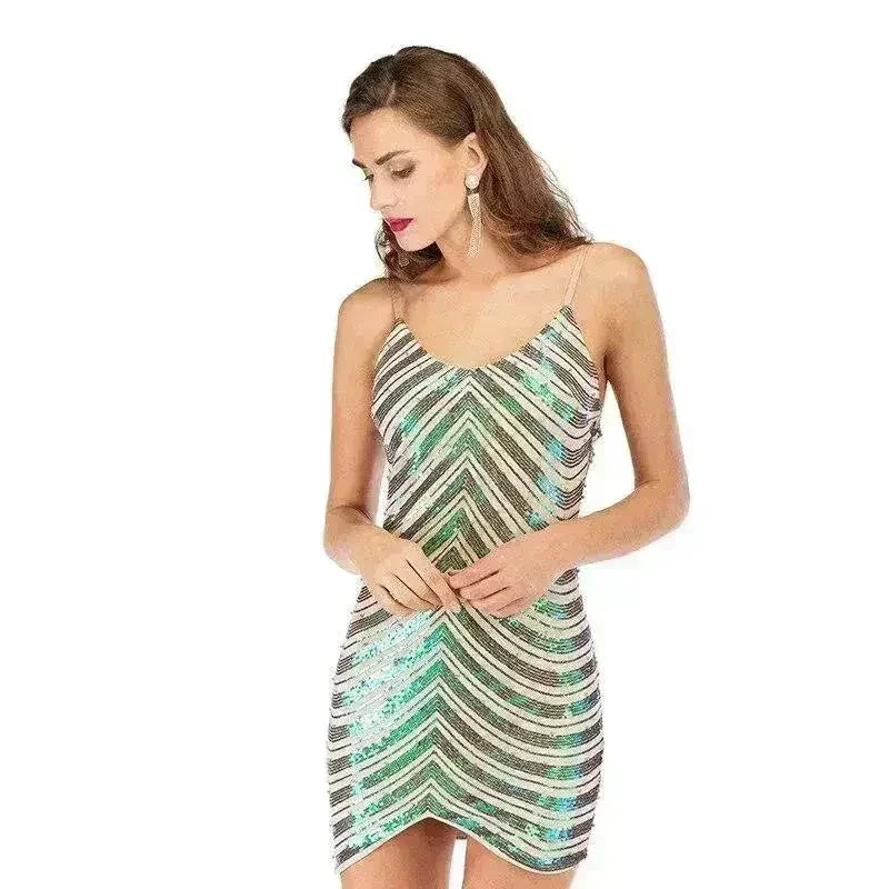 Sequin dress stretch sequin skirt open back beaded spaghetti strap - Femstylo