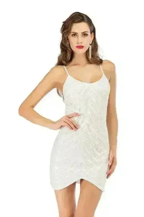 Sequin dress stretch sequin skirt open back beaded spaghetti strap - Femstylo