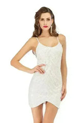 Sequin dress stretch sequin skirt open back beaded spaghetti strap - Femstylo