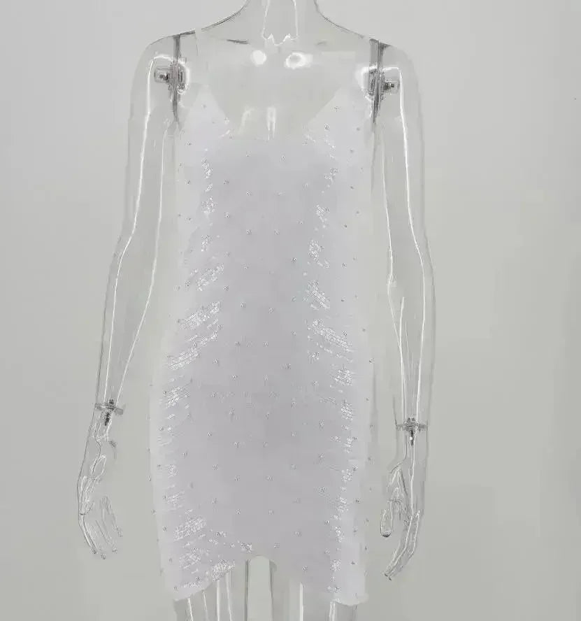 Sequin dress stretch sequin skirt open back beaded spaghetti strap - Femstylo