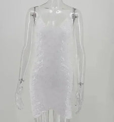 Sequin dress stretch sequin skirt open back beaded spaghetti strap - Femstylo