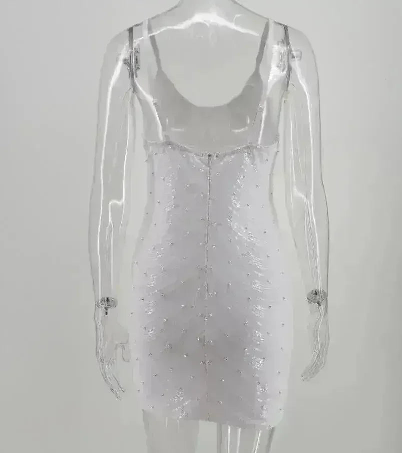 Sequin dress stretch sequin skirt open back beaded spaghetti strap - Femstylo