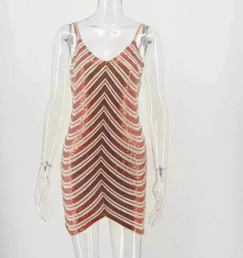 Sequin dress stretch sequin skirt open back beaded spaghetti strap - Femstylo