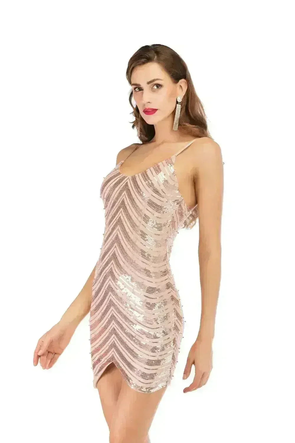 Sequin dress stretch sequin skirt open back beaded spaghetti strap - Femstylo