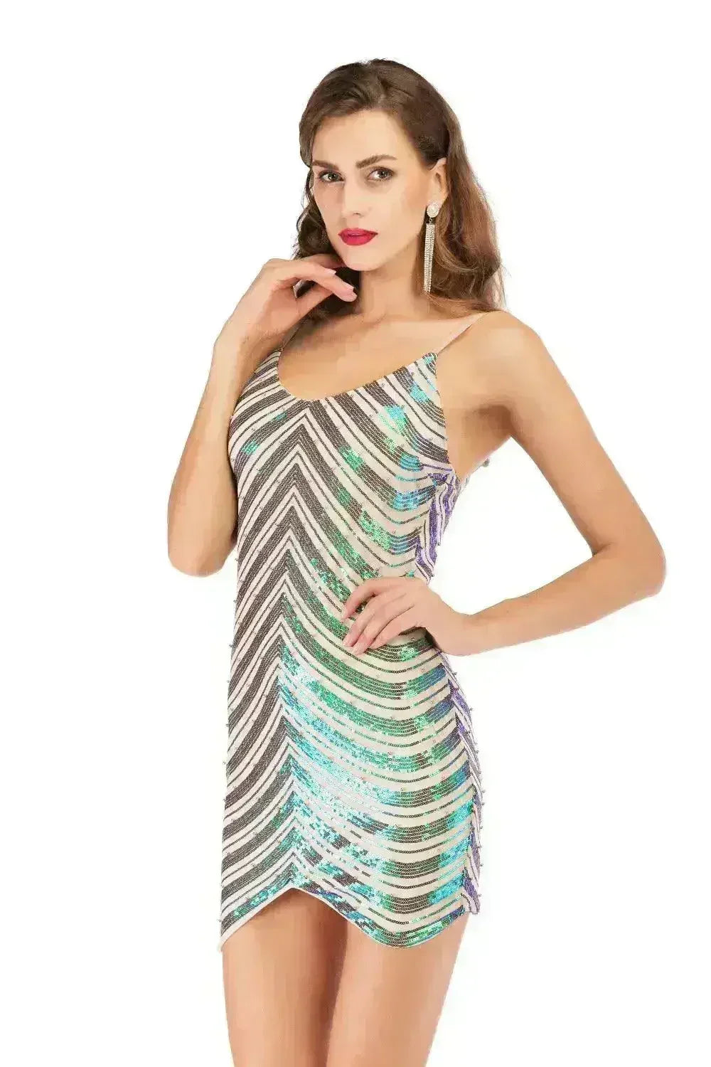 Sequin dress stretch sequin skirt open back beaded spaghetti strap - Femstylo