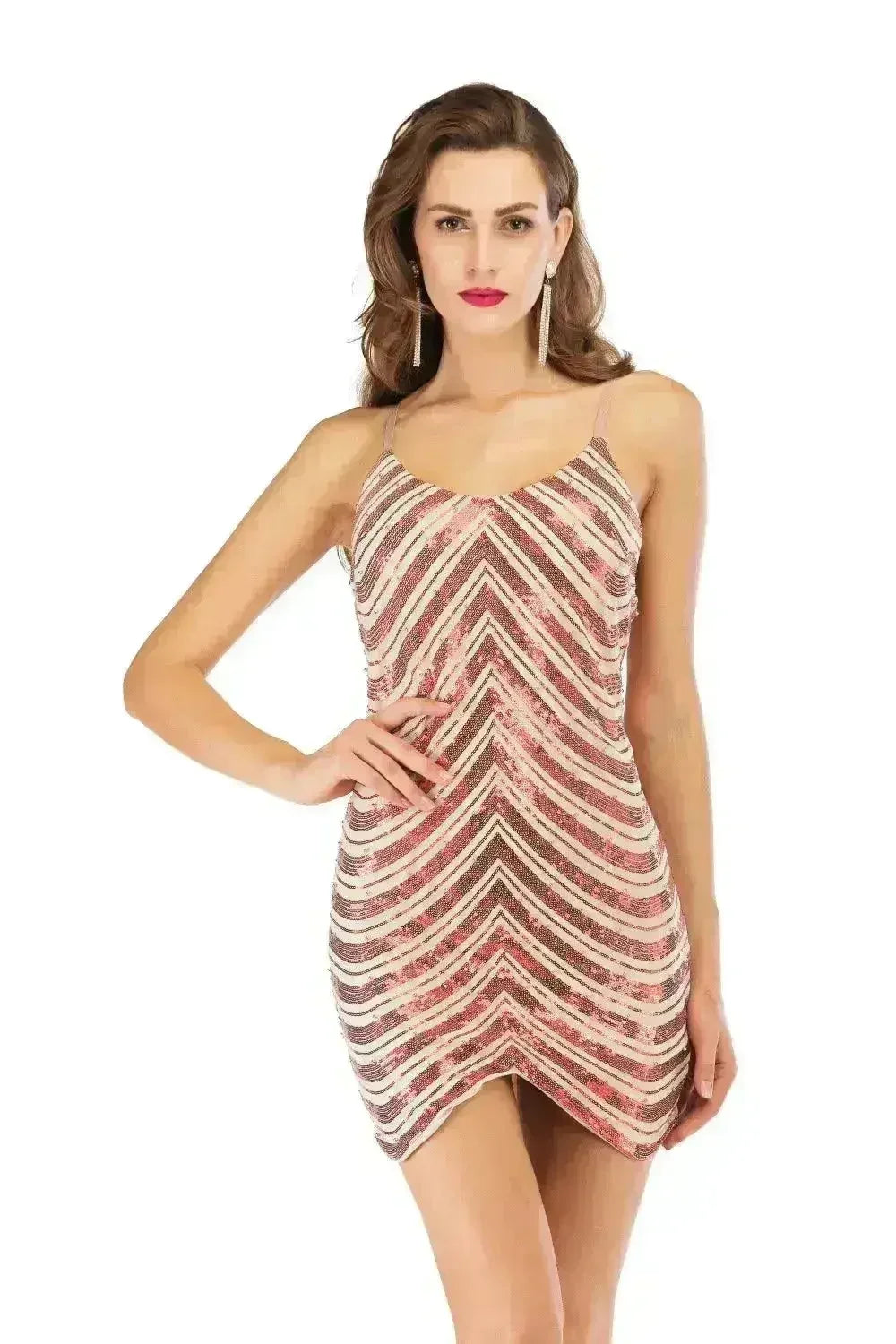 Sequin dress stretch sequin skirt open back beaded spaghetti strap - Femstylo