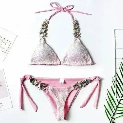 New Shiny Crystal Rhinestone Bikini 2021 Female Bandeau Swimsuit Women - Femstylo