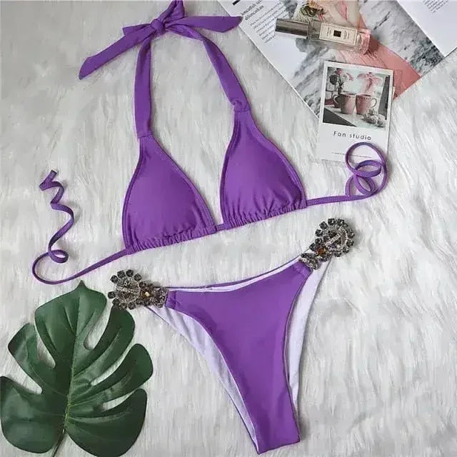 Diamond bikini Sexy push up halter swimsuit female crystal swimwear - Femstylo