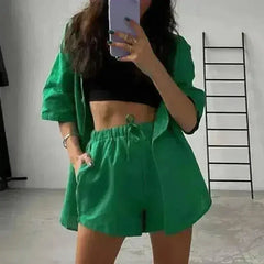 Summer Casual Shorts Suits Green Streetwear Short Sleeve Shirt 2 piece - Femstylo