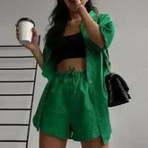 Summer Casual Shorts Suits Green Streetwear Short Sleeve Shirt 2 piece - Femstylo