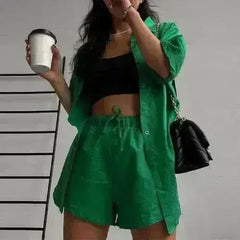 Summer Casual Shorts Suits Green Streetwear Short Sleeve Shirt 2 piece - Femstylo
