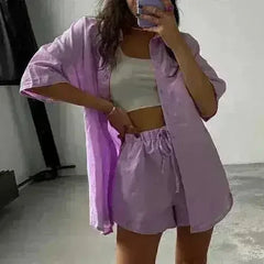 Summer Casual Shorts Suits Green Streetwear Short Sleeve Shirt 2 piece - Femstylo