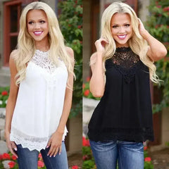 Lace Women Blouse Vintage Sleeveless White Crochet Casual Shirts Tops - Femstylo