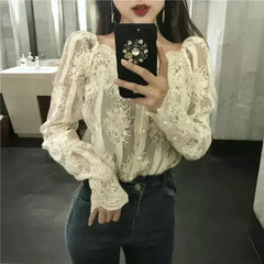 Mesh Pearls Shirts Strapless Lace Long Sleeve Gauze Stitching Blouse - Femstylo