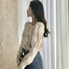 Mesh Pearls Shirts Strapless Lace Long Sleeve Gauze Stitching Blouse - Femstylo