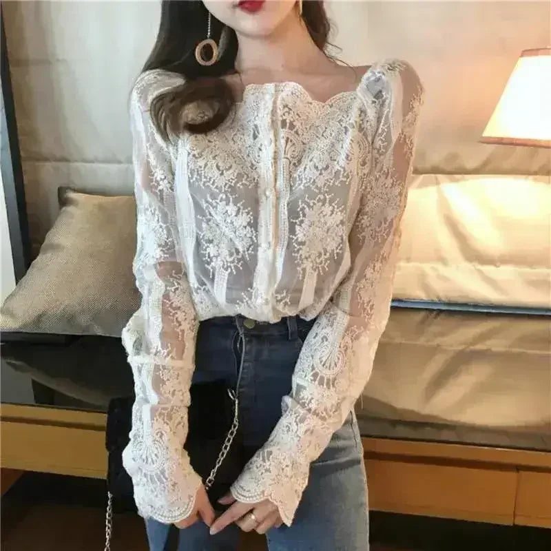 Mesh Pearls Shirts Strapless Lace Long Sleeve Gauze Stitching Blouse - Femstylo