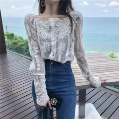 Mesh Pearls Shirts Strapless Lace Long Sleeve Gauze Stitching Blouse - Femstylo