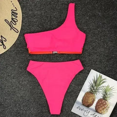 HOt Pink One Shoulder High Waist Bikini Swimsuit Swimwear Women - Femstylo