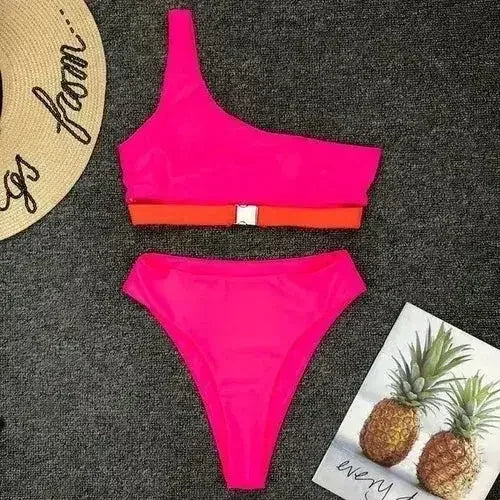 HOt Pink One Shoulder High Waist Bikini Swimsuit Swimwear Women - Femstylo