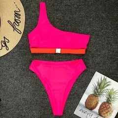 HOt Pink One Shoulder High Waist Bikini Swimsuit Swimwear Women - Femstylo