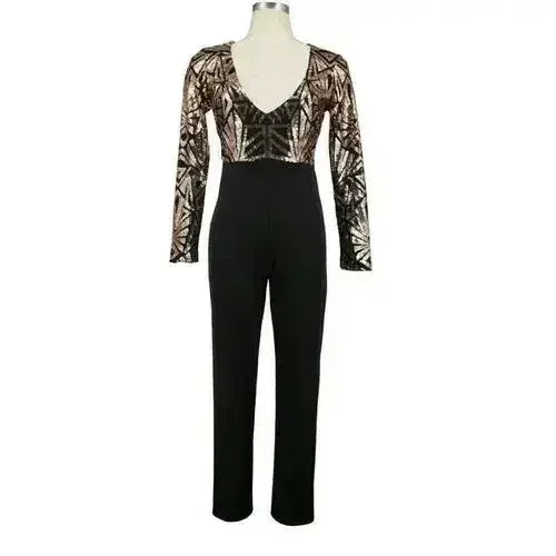 Sexy V Neck Jumpsuit Women Long Sleeve Sequin Rompers Jumpsuits Autumn - Femstylo