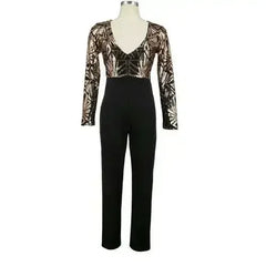 Sexy V Neck Jumpsuit Women Long Sleeve Sequin Rompers Jumpsuits Autumn - Femstylo