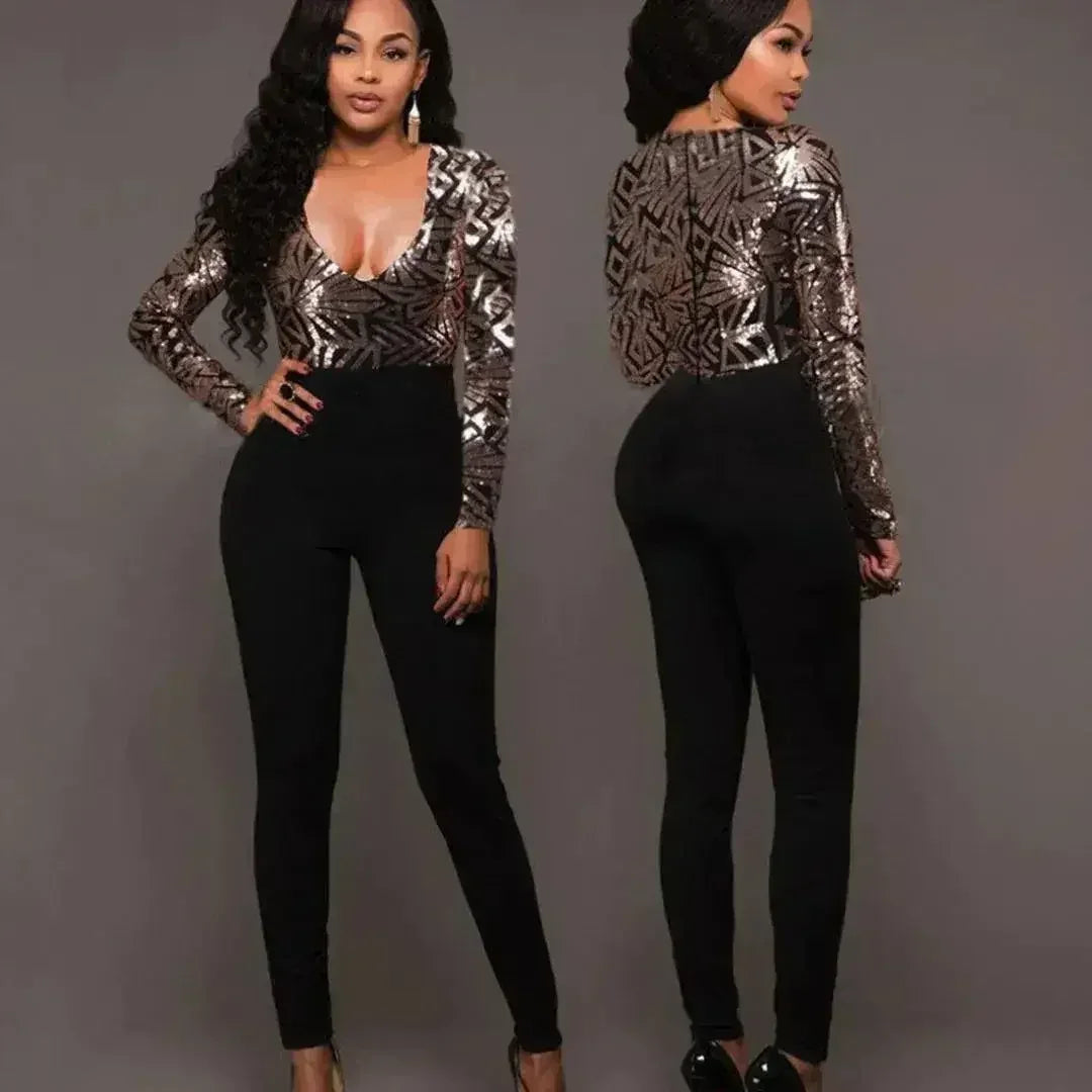 Sexy V Neck Jumpsuit Women Long Sleeve Sequin Rompers Jumpsuits Autumn - Femstylo