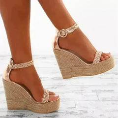 Women straw shoes big size women wedge sandals open toe gold color - Femstylo