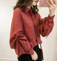 Women Loose Fit Plaid Shirt w/Bell Sleeves - Blue | Femstylo - Femstylo