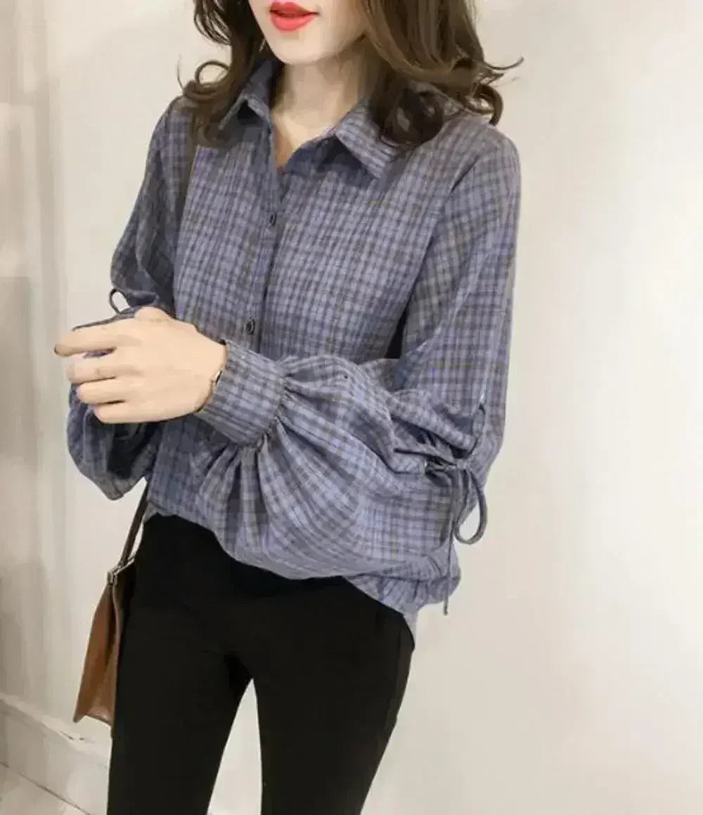 Women Loose Fit Plaid Shirt w/Bell Sleeves - Blue | Femstylo - Femstylo