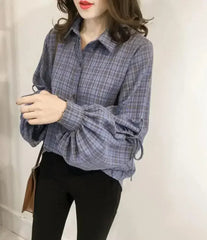 Women Loose Fit Plaid Shirt w/Bell Sleeves - Blue | Femstylo - Femstylo