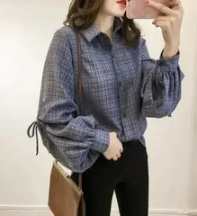 Women Loose Fit Plaid Shirt w/Bell Sleeves - Blue | Femstylo - Femstylo