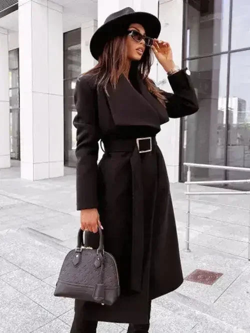 Women's long-sleeved buttoned V-neck strappy woolen coat - Femstylo