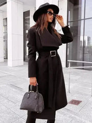Women's long-sleeved buttoned V-neck strappy woolen coat - Femstylo