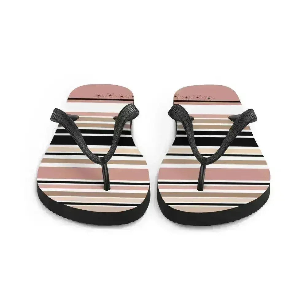 Striped Beige Black & Cream Flower Detail Flip Flops. Beach Shoes - Femstylo