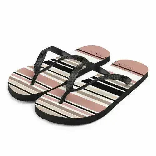 Striped Beige Black & Cream Flower Detail Flip Flops. Beach Shoes - Femstylo