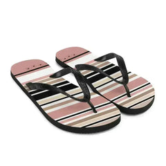 Striped Beige Black & Cream Flower Detail Flip Flops. Beach Shoes - Femstylo