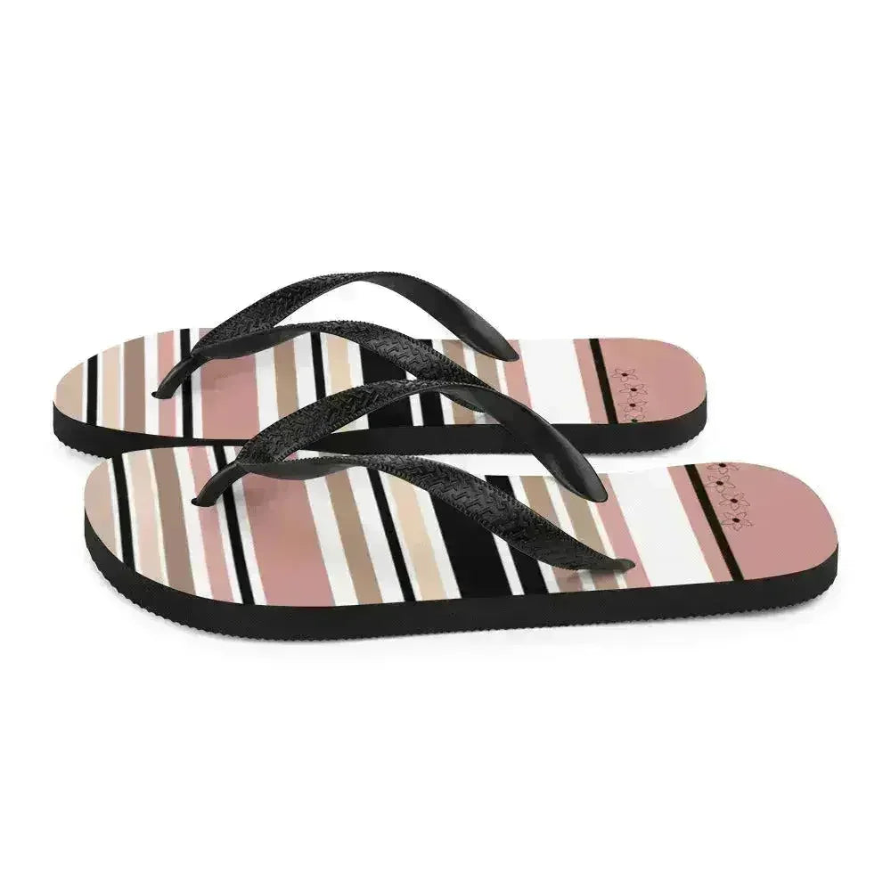 Striped Beige Black & Cream Flower Detail Flip Flops. Beach Shoes - Femstylo