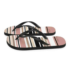 Striped Beige Black & Cream Flower Detail Flip Flops. Beach Shoes - Femstylo