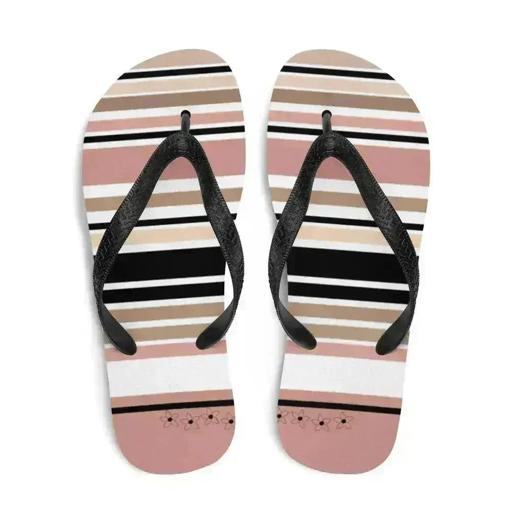 Striped Beige Black & Cream Flower Detail Flip Flops. Beach Shoes - Femstylo